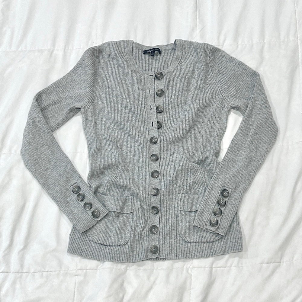 Anne Klein Cotton/Wool Blend Rib Knit Button-Up Grey Gardigan (Medium)
